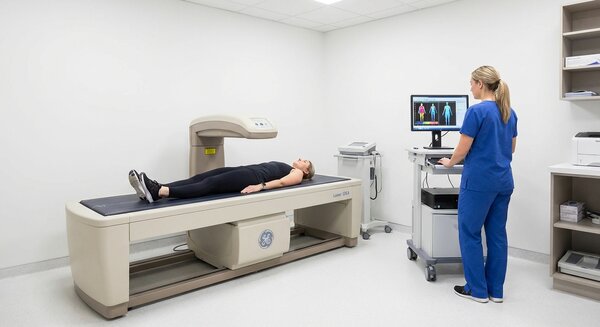DEXA body composition scanner with patient and technician